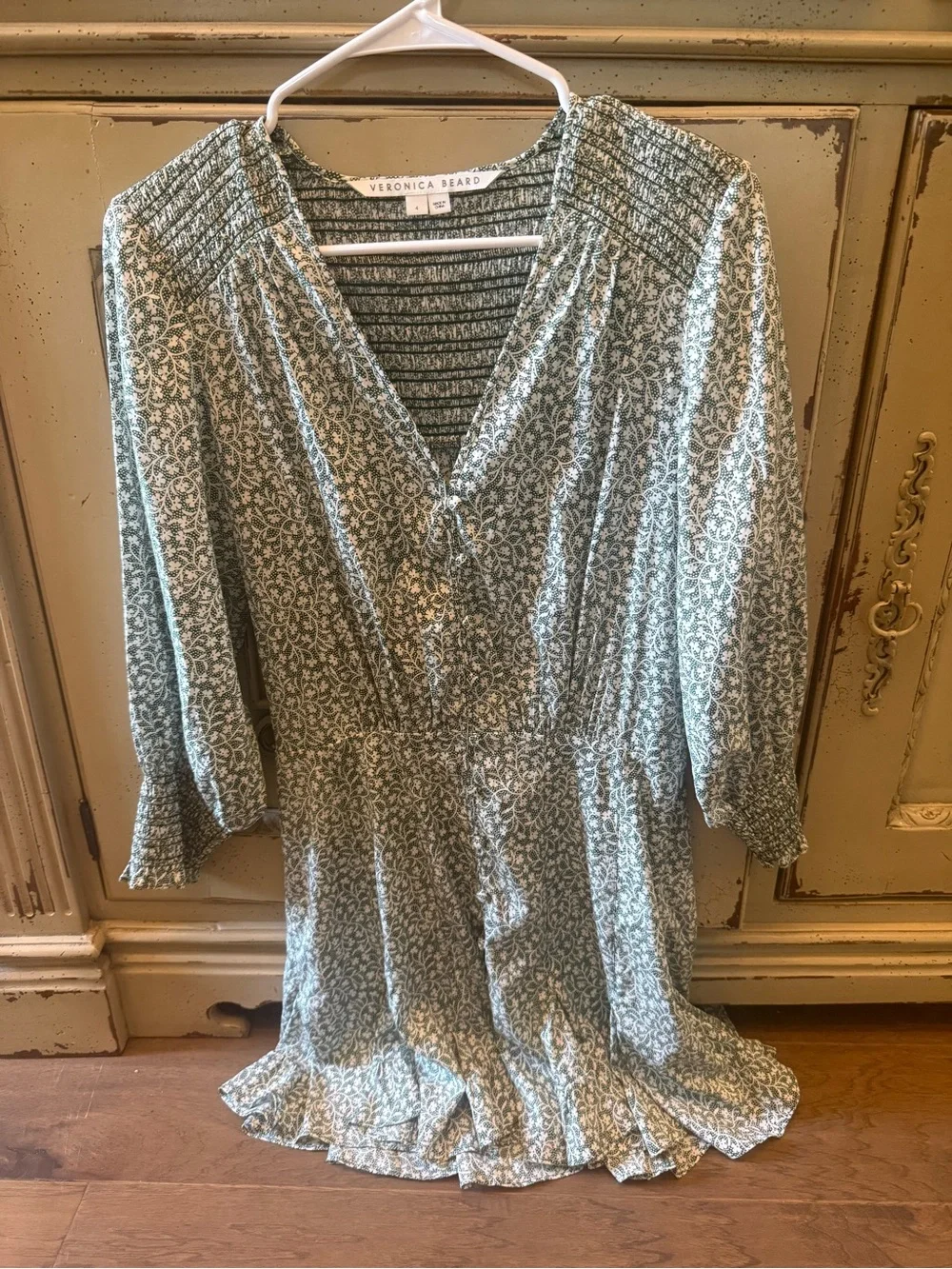 Veronica Beard Light Green Floral V-Neck Mini Dress - Picture 2 of 5